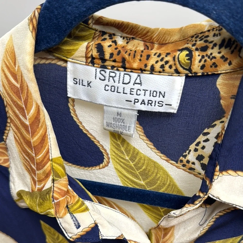 ISIDRA SILK PARIS COLLECTION Blue and Cream Abstract Blouse with Retro Flair - Picture 2 of 8